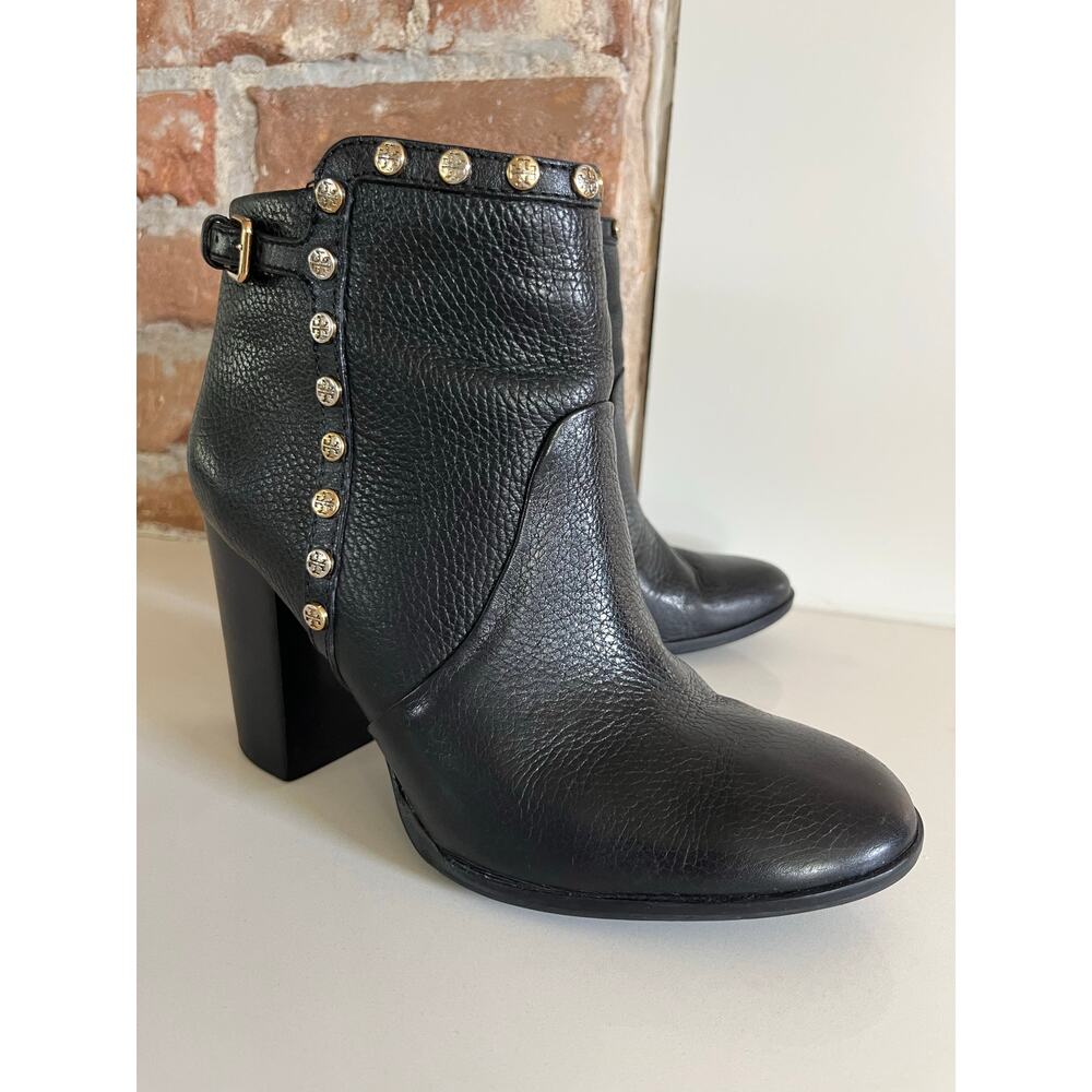 Tory‎ Burch Mae Ankle Booties Black Leather Moto Heeled Boots Women's Size 8.5 M